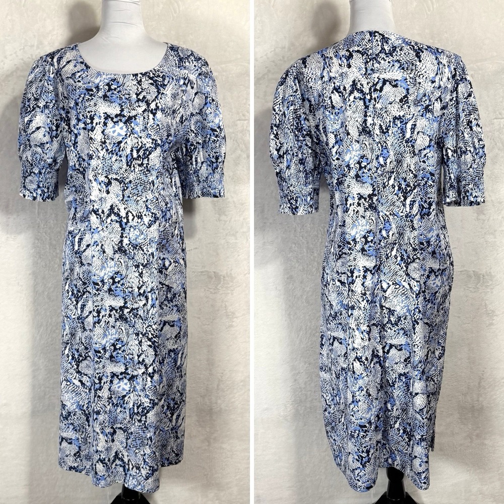 Chico's Animal Print‎ Midi Dress 3 Size XL 16 18 Smocked Puff Sleeves Pockets